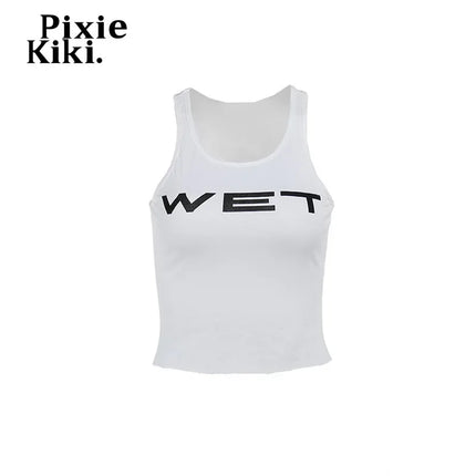 PixieKiki Wet Letter Print White Crop Top Shirt Y2k Streetwear Sexy Summer Clothes for Women Tank Tops 2024 P66-AE10