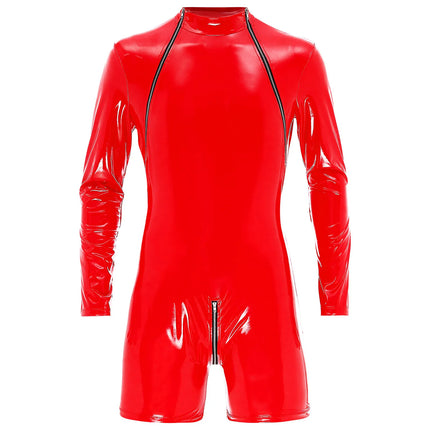 Male Mens Latex Catsuit Wet Look Patent Leather Bodysuit Long Sleeve Romper Zipper Crotch Jumpsuit Underwear Club Stage Costume