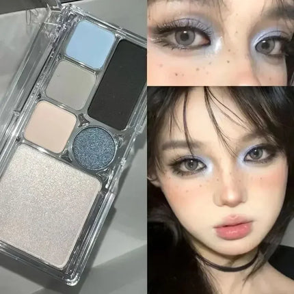 6 Colors Eye Shadow Palette Punk Smoky Black Glitter Pearly Eyeshadow Palette Korean Shiny Blue Eyeshadow Contour Blush Makeup