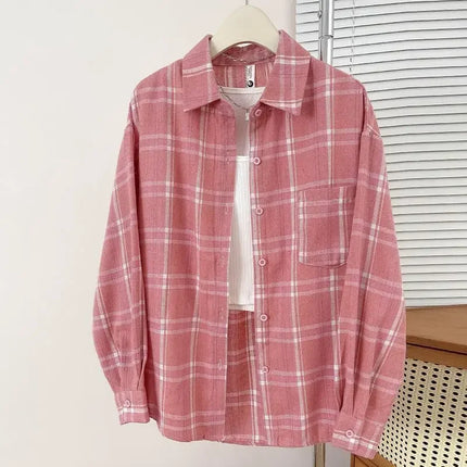 Retro Hong Kong Style Loose Long Sleeve Pink Plaid Shirt Women's Autumn Summer Lazy Slimming Casual Versatile Outerwear Top