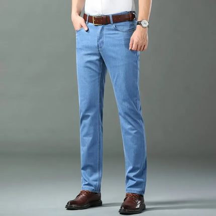 2026 New Ice Silk Thin Denim Jeans For Men Blue Straight Stretch Cotton Pants Business Casual Lightweight Trousers Spring Summer