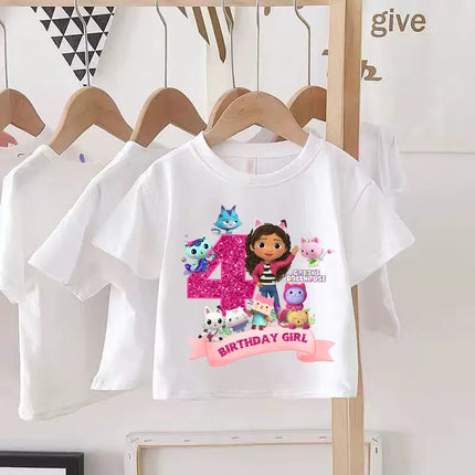 Gabby's Dollhouse Birthday Number T-shirt Girls White Pink Short Sleeve T-shirts Tops Cotton Summer Casual Party Supplies Tee