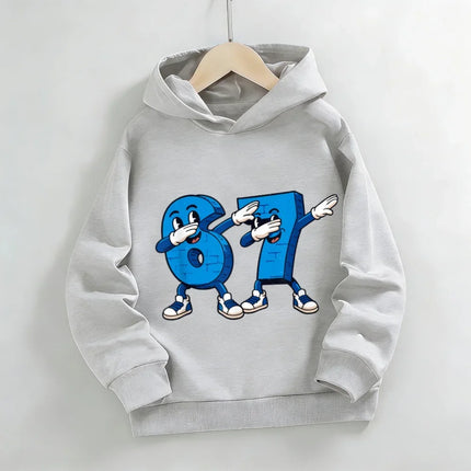 Boys & Girls Gray Anthropomorphic Number 67 Print Hoodie | Cute & Cool Casual Hooded Top
