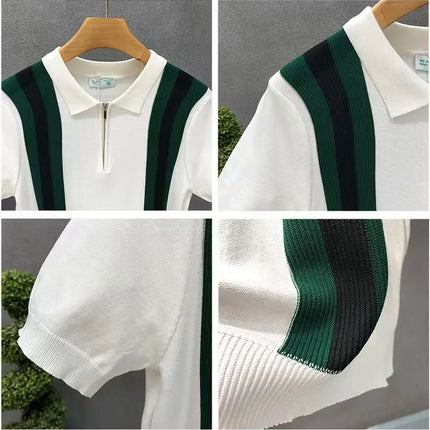 Summer New Men Slim-fit Luxury Knitted Polo Shirt Striped Patchwork T-shirt Casual Zipper Short Sleeve Tops Business Knitwear