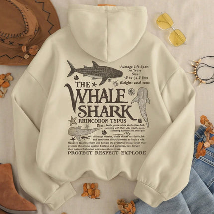 Creative Whale Shark With Letters Print Woman'S Streetwear Soft Trendy Hoodies Solid Color Warm Clothes Loose Hip Hop Hoody