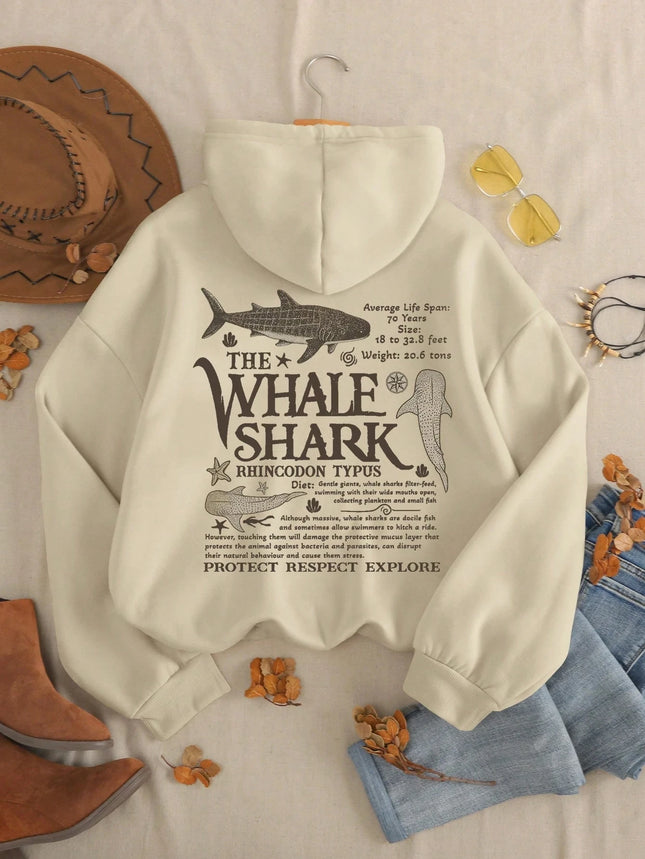 Creative Whale Shark With Letters Print Woman'S Streetwear Soft Trendy Hoodies Solid Color Warm Clothes Loose Hip Hop Hoody