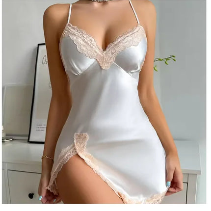Sexy Backless Mini Nightgown Lingerie for Women Summer Chemise Sleepwear Suspender Nightdress White Satin Lace Home Wear Loungewear