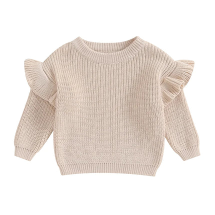 Suefunskry Newborn Baby Girl Boy Knitted Ruffled Long Sleeve Sweaters Solid Color Loose Pullover Toddler Casual Tops