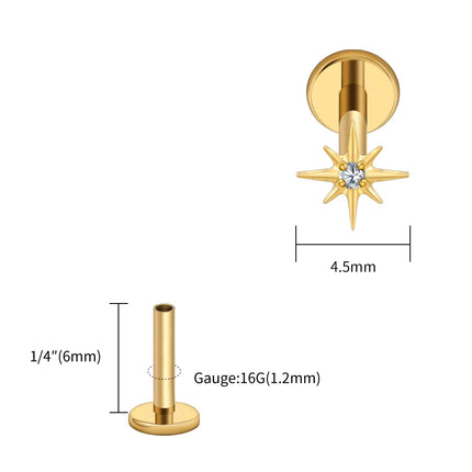 Right Grand ASTM F136 Titanium CZ North Star Flat Back Earring 16G Tiny Starburst Helix Cartilage Stud Earlobe Piercing Jewelry