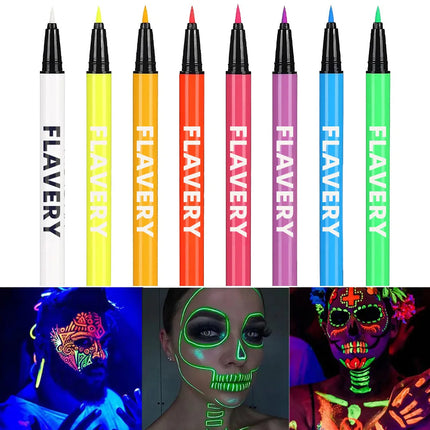 8-color fluorescent color UV eyeliner, waterproof and sweat-proof face paint pen,Halloween matte glowing neon liquid eyeliner