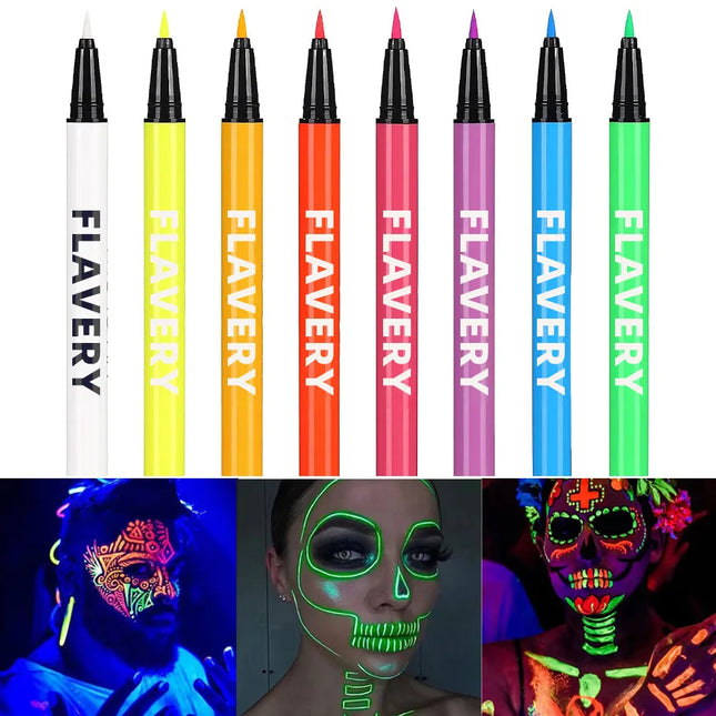 8-color fluorescent UV eyeliner, waterproof and sweat-proof face paint pen, Halloween matte glowing neon liquid eyeliner