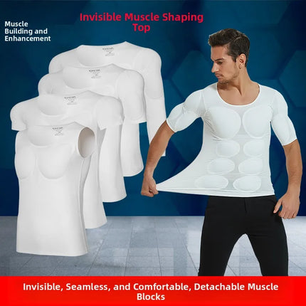 New Invisible Men's T-Shirt with Fake Muscles Short Sleeve Slim Fit Bodybuilding Costume Youthful Popular Nylon Spandex Blend