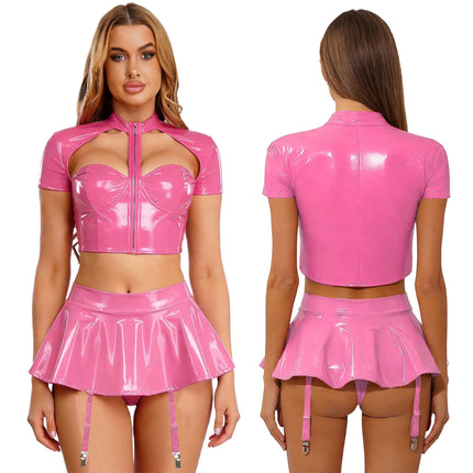 Womens 2 Piece PU Leather Rave Outfits Wet Look Cut Out Underwired Crop Top with Flared Miniskirt Nightclub Pole Dance Costume