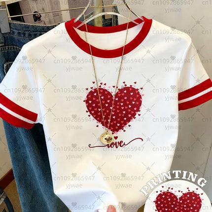 26 Women's Short Sleeve Valentine's Day LOVE Red Heart Print T-Shirt Girl Round Neck Tee Outdoor Sports Adult Women's T-Shirt