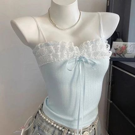 Sweet Lace Patchwork Crop Tank Top Female 2025 Women's Clothing Sling Slim Waist Tank Korean Summer Sexy Club Camis Ropa Mujer