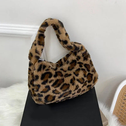 Y2k Korean Plush Retro Leopard Print Bags for Women Underarm Bags Leopard Zebra Pattern Fluffy Tote Bags Small Purses Handbags