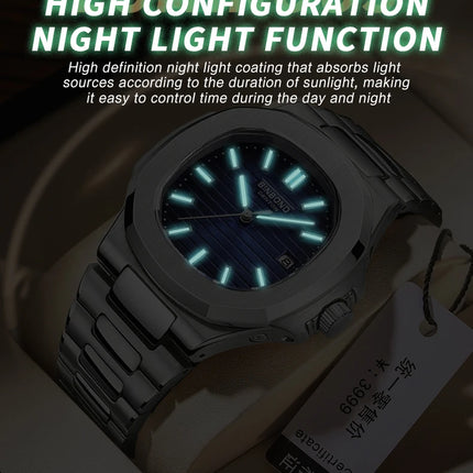 BINBOND Luxury Military Man Watch Square Waterproof Luminous Date Week Men Watch Stainless Steel Quartz Men's Watches Reloj