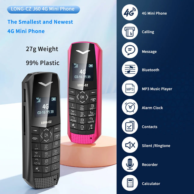 Super Mini Phone J60 4G Network Mobile Phone Wireless Bluetooth Keyboard Pocket Cellphone Alarm Clock SOS MP3 Player Recorder