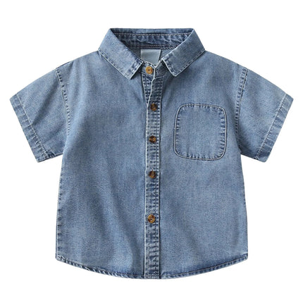 Toddler Kids Summer Jean Shirts Baby Boys Casual Denim Shirt Solid Color Short Sleeve Button Down Blouse Fashion Tops Streetwear