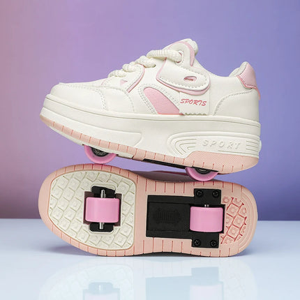 Children's Roller Skating Shoes, Detachable Double Wheels, Boys' Outdoor Skating Amusement Sneakers, Girls' Comfortable Soft Board Shoes