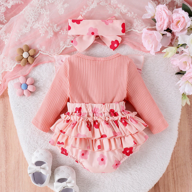 2-piece Autumn New Style 0-1 Year Old Girl Baby Sweet and Cute Round Collar Long-Sleeved Printed Bodysuit + Headband