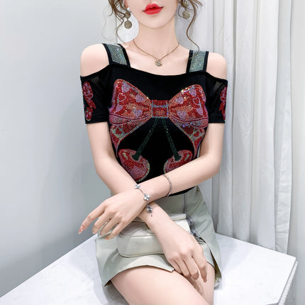 New Summer European Clothes Women's T-Shirts Luxury Butterfly Hot Diamonds Tees Sexy Streetwear Off-Shoulder Tops Shirt