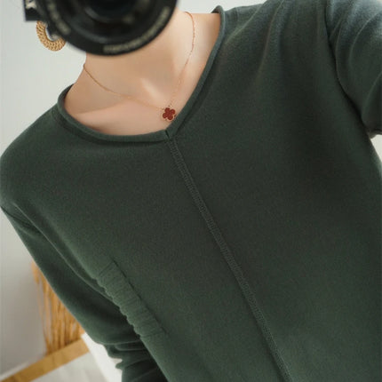 2023 Autumn/Winter Women's New Pullover Casual Solid 100% Cotton Knitted V-Neck Loose Sweater Fashion Soft Breathable Top