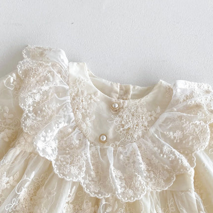 2026 Baby Girl Princess Dress 0-24M Vintage Lace Embroidered Ruffled Collar Romper Dress with Snap Closure Formal Party Dress