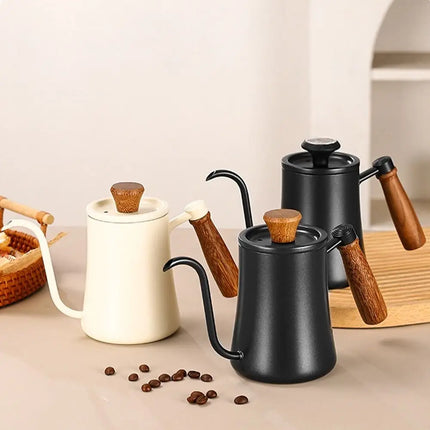 Stainless Steel Goose Neck Coffee Pot Drip Port Wooden Handle Long Narrow Drip Carafe Temperature Meter Anti-scald
