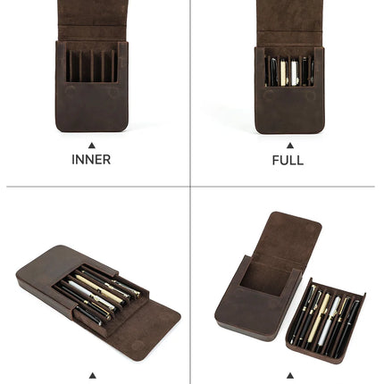 CONTACT'S FAMILY Handmade Fountain Pen Case Genuine Leather Holder Pencil Pouch Retro Pen Box Organizer School Office Men Women