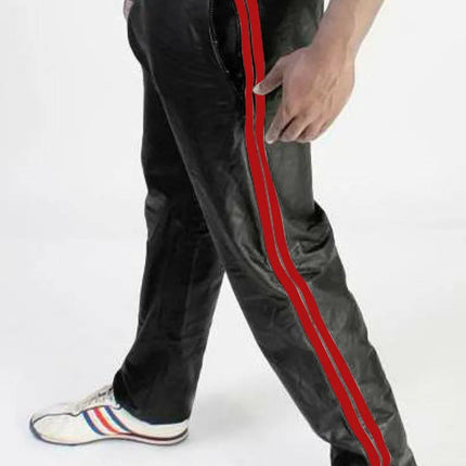 Men PU Leather Track Pants Casual Side Double Stripes Straight Leg Sport Trousers Elastic Waist Hip Hop Streetwear Joggers Pants