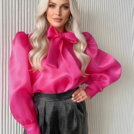 Women's See-through Shirt Blouse Lace-up Bow Neck Puff Long Sleeve Spring Streetwear Elegant Office Ladies Blouse Plus Size