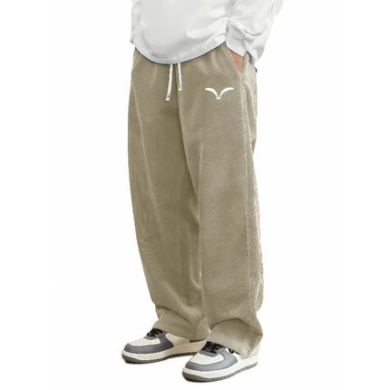 Comfort Mens Corduroy Wide Leg Trousers Wing Symbol Print Drawstring Waist Lightweight Casual Pants Double Side Pockets