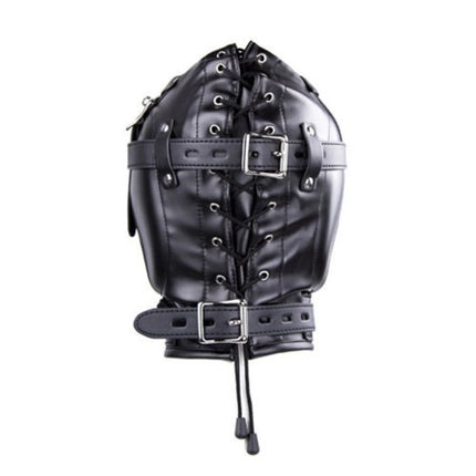 BDSM Bondage Headgear PU Leather Lockable Hood Mask with Openable Mouth Gag Funnel Sensory Deprivation Head Hood Sex Toy