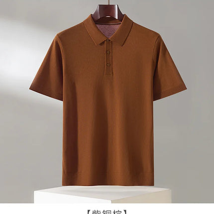 100% Lyocell men's T-shirt casual solid color knitted pullover short sleeved loose POLO collar Tees Pull on vest Tops