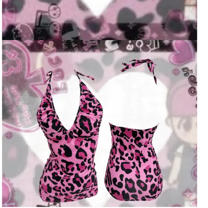 Kimotimo Y2k Street Pink Leopard Print V-Neck Halter Camisole Women's Sexy Backless Slim Fit Waist Tank Top Spicy Girls Chic Vest