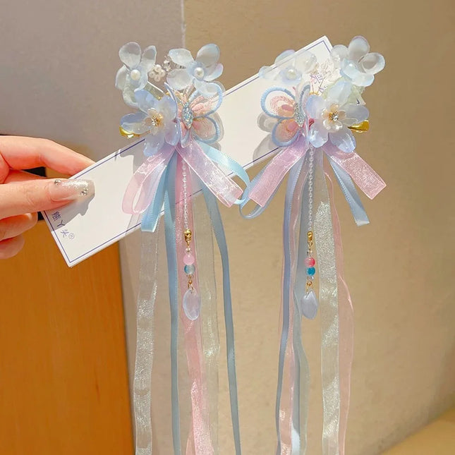 Fairycore Floral Hair Clips with Ribbons & Tassels - Traditional Chinese Hair Accessories for Hanfu | Gift for Girls