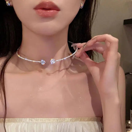 Korean Fashion Rhinestone Heart Collar Choker Necklace for Women Simple Open Collar Necklace Torques Jewelry Accessories