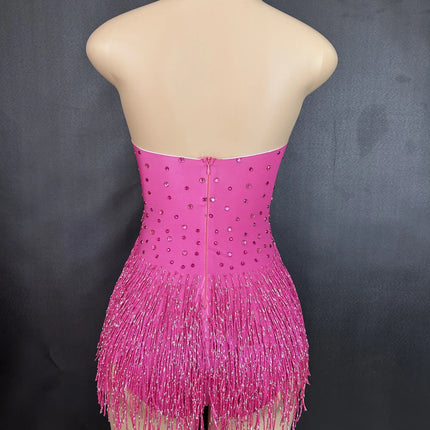 Sparkly Rhinestones Fringe Bodysuit WomenVightclub Party Dance Costume Stage Wear SexyTassel Leotard Performance Clothing G7