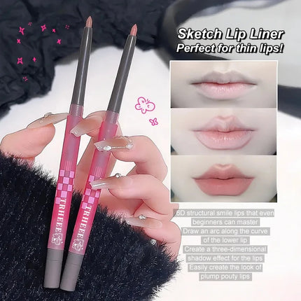 Matte Lip Liner Pencil with Brush Double-head Nude Grey Pink Lip Contour Tint Pen Sharpener Lipstick Non-stick Cup Lips Makeup