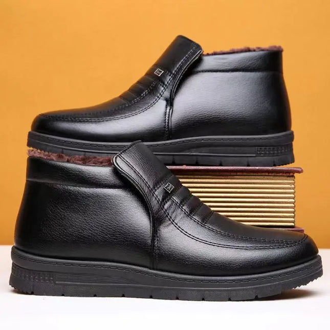 Men's Winter Thickened High-Top Cotton Shoes Warm Fleece Lined Leather Boots Anti-Slip Comfortable for Elderly And Dad