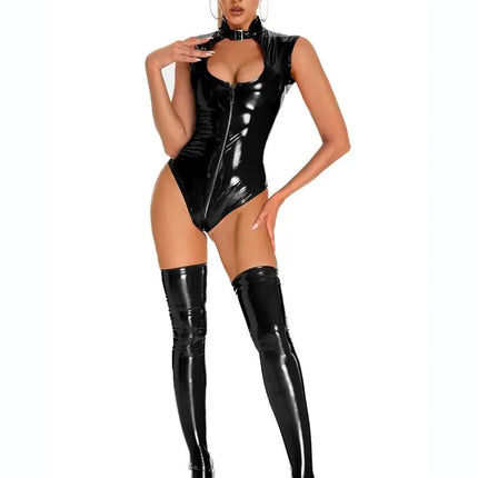 Sexy Hollow Out Women PU Faux Leather Lingerie Bodysuits Latex PVC Catsuit Fetish Lingerie Ladies Erotic Open Crotch Clubwear
