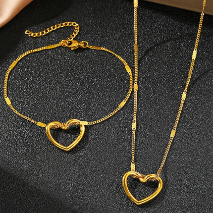 Uorich Classic Simple Hollow Out Loving Heart Necklace Bracelet for Women Unisex Stainless Steel Jewelry Set Gifts Daily Wear