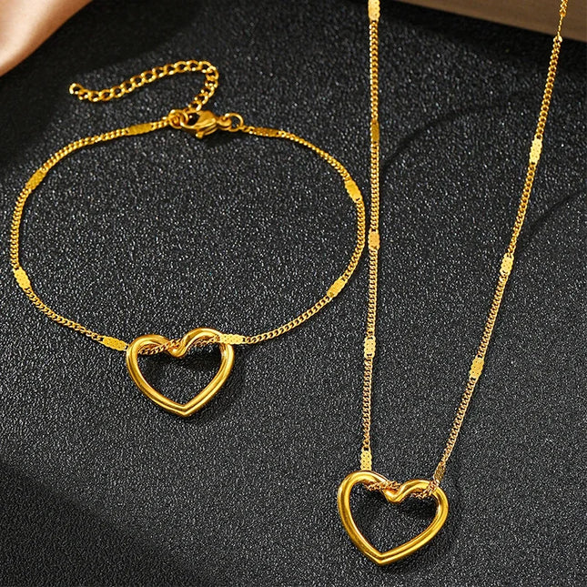 Uorich Classic Simple Hollow Out Loving Heart Necklace Bracelet for Women Unisex Stainless Steel Jewelry Set Gifts Daily Wear