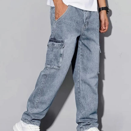 Men's American Retro Casual Cargo Jeans, Loose Fit, Solid Color, Fashion Essential