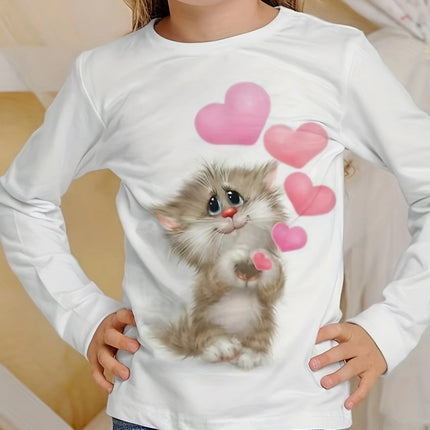 Children's Clothing Girl T-Shirts Long Sleeve Child T Shirt Cartoon Round Neck Cat Print Casual Kids Summer Clothes Girl Top Tee