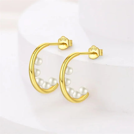 925 Sterling Silver Gold Pearl Hoop Earrings Pave Large Circular Shape Earring Gift for Women Jewelry Anniversary Wedding