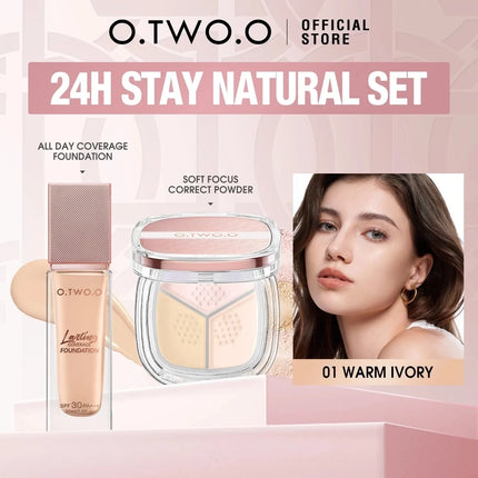 O.TWO.O 2pcs Foundation Face Powder Waterproof 24H Stay Coverage Soft Focus Correct Powder Conceal Long-lasting Face Makeup