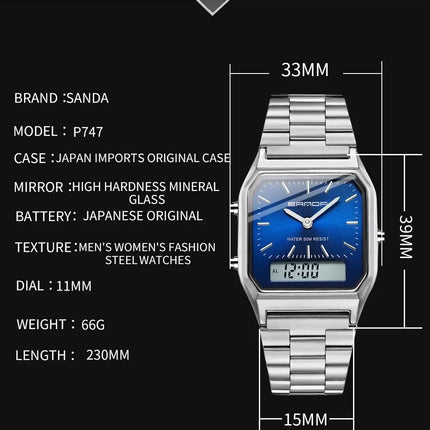 SANDA P747  Dual Display Clock Unisex Waterproof Sports Quartz Watch Luxury Mens Style Watches Stainless Steel Women LED Digital