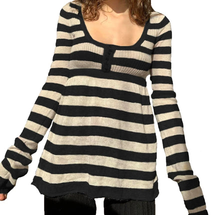Fairy Grunge Sweater Pullovers Tops Women Y2K Stripped Babydoll Tops Vintage Long Sleeve Button Square Neck Knitted T-shirt